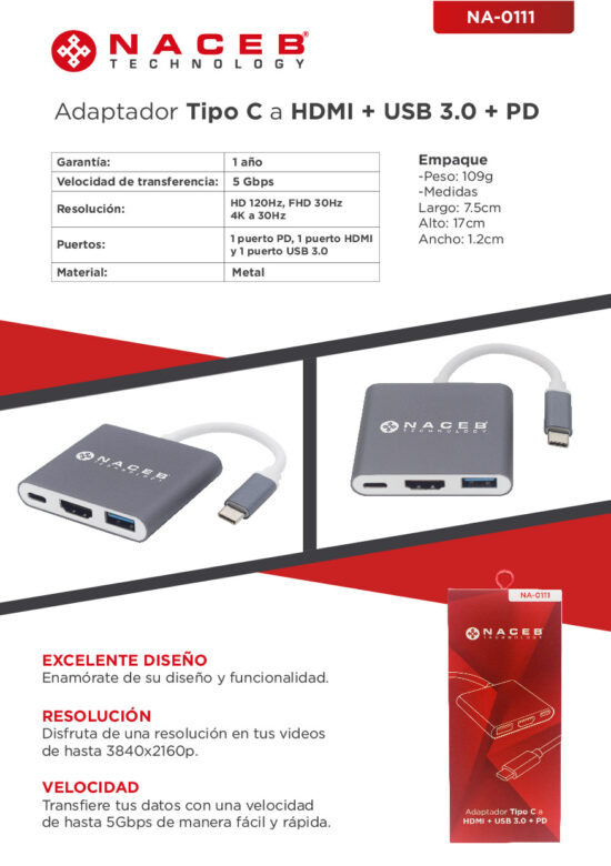 ACCNCB970 1 Adaptador Tipo C a HDMI + USB 3.0 + PD Naceb Technology NA-0111 - Plata, USB C, HDMI + USB 3.0 + PD