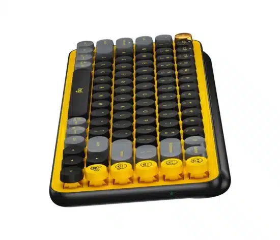 CP LOGITECH 920 010713 b41044 Teclado inalámbrico mecánico Logitech Pop Keys con diseño amarillo brillante y conectividad Bluetooth.
