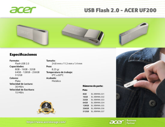 MEMACR740 1 Memoria Usb Acer 2.0 Modelo Uf200 32gb Plata Bl.9bwwa.503 -