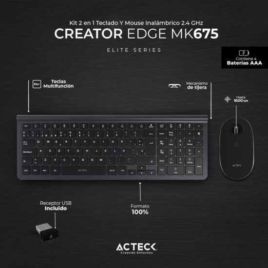 KITACT1110 1 Kit Teclado Y Mouse Inalámbricos Slim Creator Edge Mk675 Elite Series -