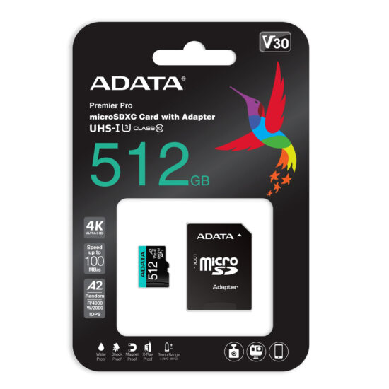 MEMDAT6160 2 Micro Secure Digital A2 (v30) Adata Premier Pro - 512 Gb, 100 Mb/s, 85 Mb/s, Negro/verde, Clase 10