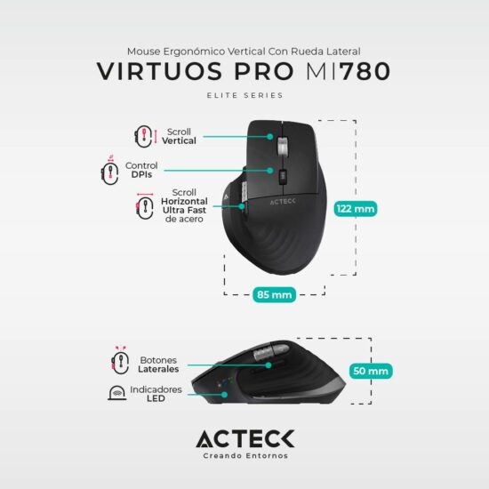 MOUACT270 1 Mouse Inalámbrico Vertical Profesional Virtuos Pro Mi780 Acteck Scroll Horizontal Ultra Fast De Acero -