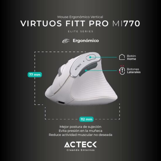 MOUACT280 1 Mouse Inalámbrico Vertical Virtuos Fitt Pro Mi770 Acteck Batería Recargable 500 Mah -
