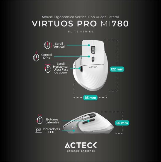 MOUACT290 1 Mouse Inalámbrico Vertical Profesional Virtuos Pro Mi780 Acteck Scroll Horizontal Ultra Fast De Acero -