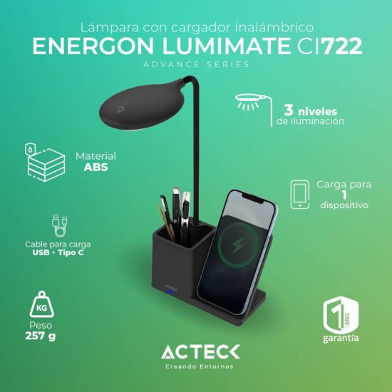 ACCACT4810 1 Cargador Con Lampara Para Escritorio Energon Lumimate Ci722 Acteck -