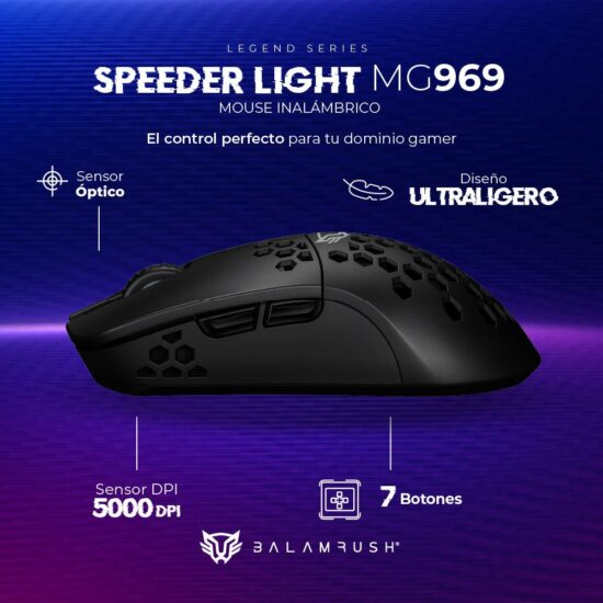 MOUBLR130 1 Mouse Gamer Inalámbrico Ultra Ligero Speed Light Mg969 Balam Rush Conexiones Bluetooth - 2.4ghz Y Usb, 7 Botones, Scroll Tipo Huano, Dpi 800 A 5000. Ilumina
