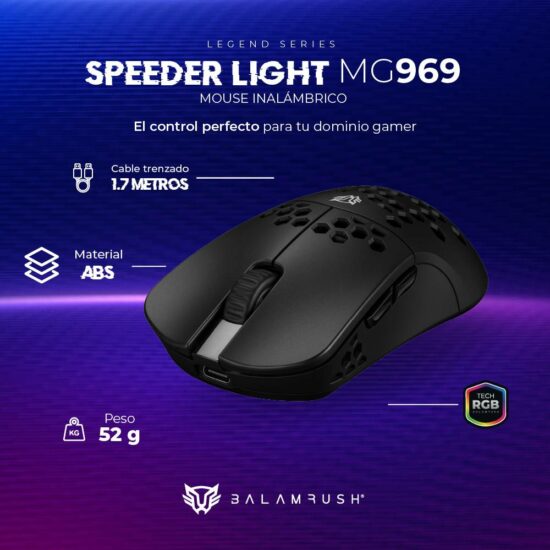 MOUBLR130 2 Mouse Gamer Inalámbrico Ultra Ligero Speed Light Mg969 Balam Rush Conexiones Bluetooth - 2.4ghz Y Usb, 7 Botones, Scroll Tipo Huano, Dpi 800 A 5000. Ilumina